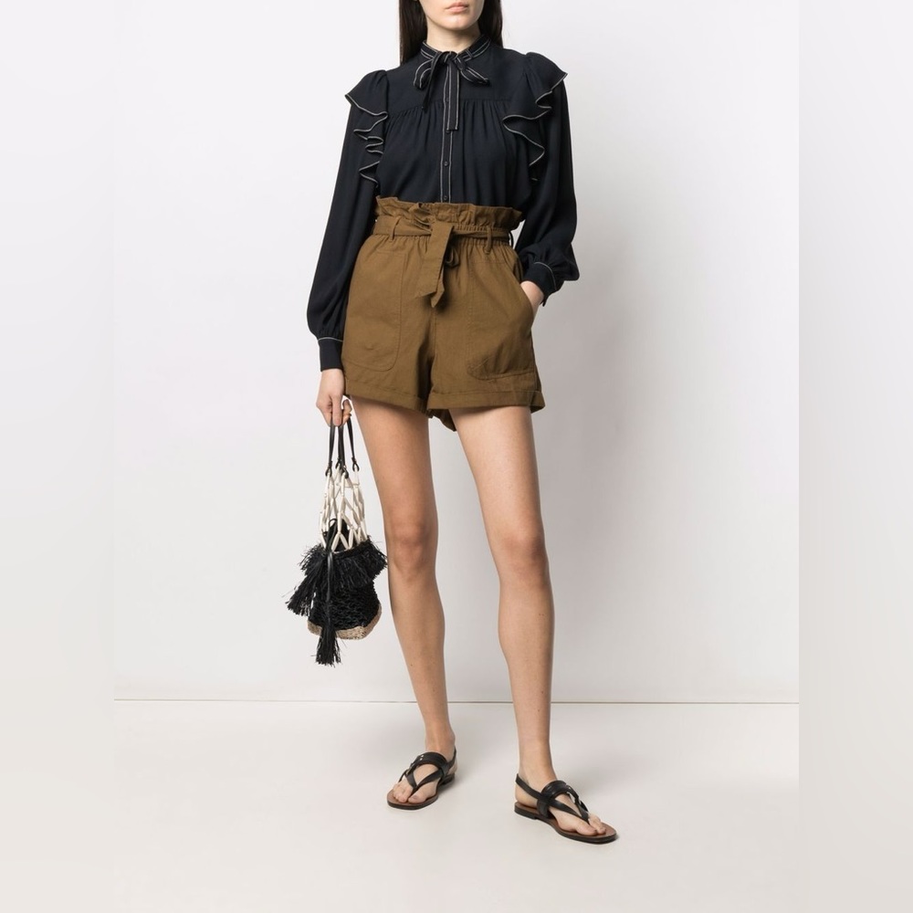 Ulla Johnson Contrast Stitch Ruffled Button Shirt Top Women's Black Size 4